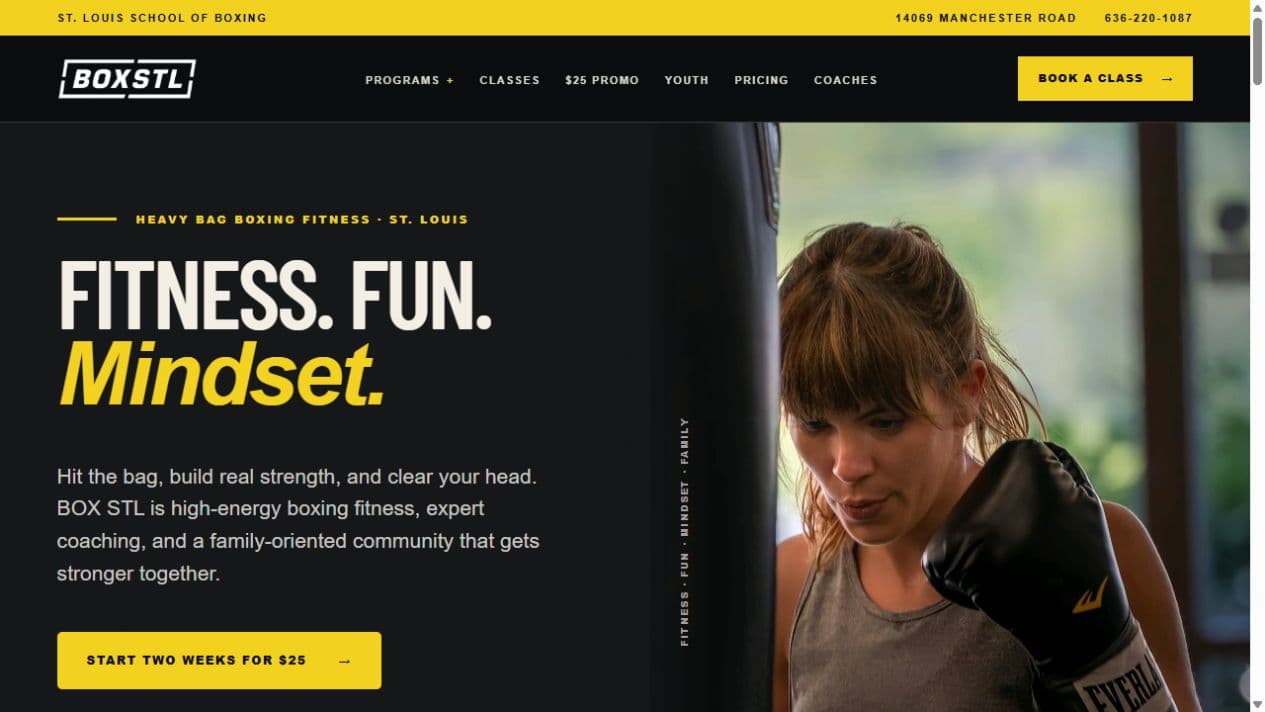 Current BOX STL homepage, showing its boxing fitness programs and real member photography